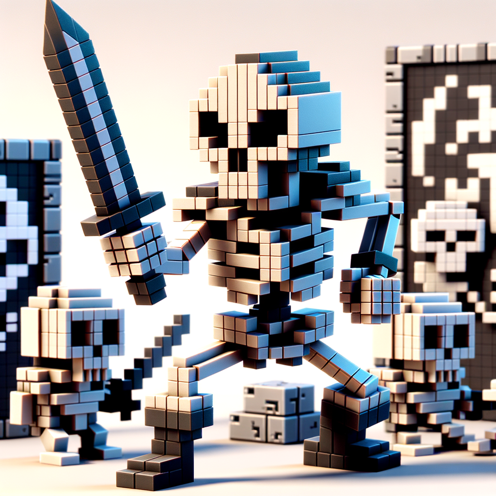 uno scheletro in 3d disegnato come fosse in 8 bit in pixel, lo lo schetro è un combattente con una spada e dietro di sono dei tao e podmork e altre figure sempre in 8bit 3d